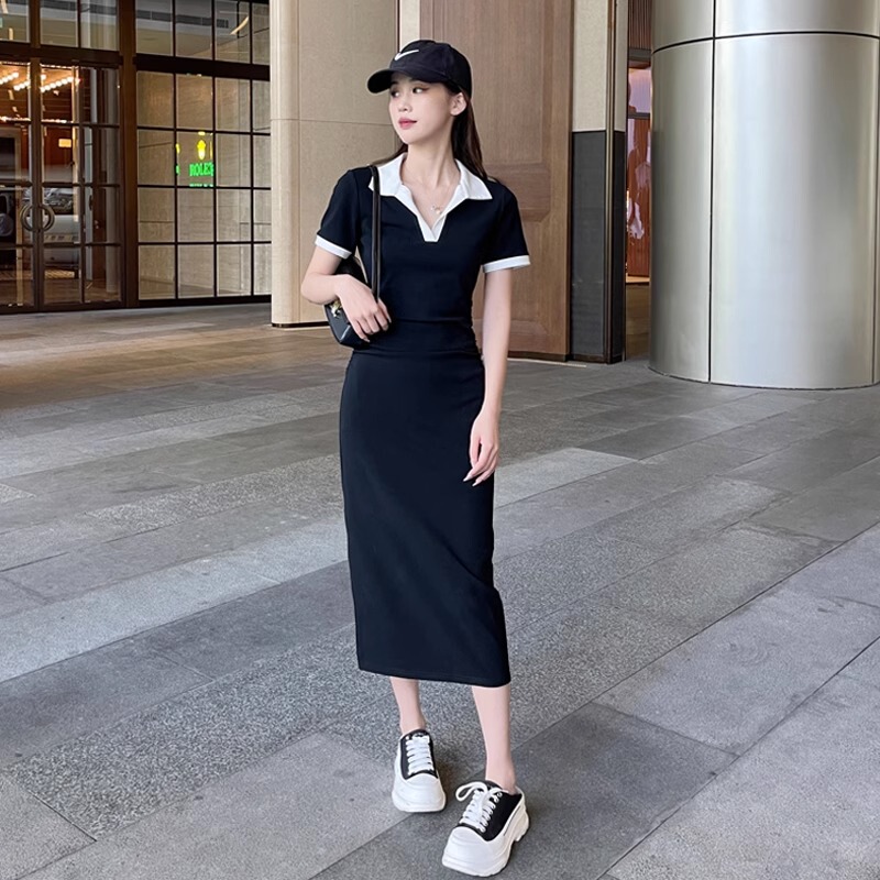 Black Polo Dress 2025 New Style Women's Summer Waist-Cinching Slimming Preppy Style Dress Elegant Long Dress with Side Slit Black Polo Dress 2025 New Style Women's Summer Waist-Cinching Slimming Preppy Style Dress Elegant Long Dress with Side Slit