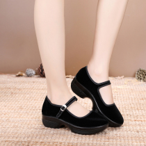 Old Beijing cloth shoes womens soft bottom dance shoes Middle heel black work shoes hotel non-slip thick soled square dance dance shoes