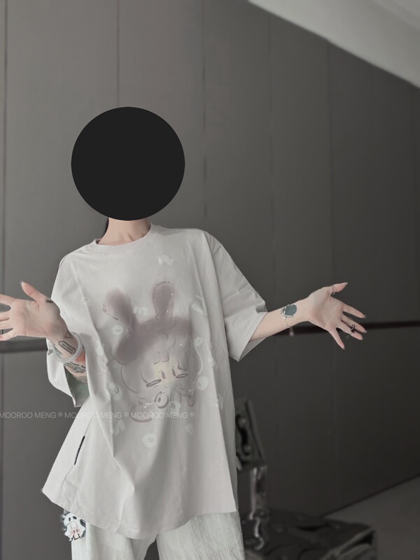 Mooroo Meng Spring New Color-Blocked Milk Gray Rabbit Print Loose Round Neck Heavyweight Combed Cotton T-Shirt