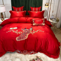 Big red wedding silk bed sheet four-piece set cotton peacock embroidery quilt cover Cotton European bedding fitted sheet