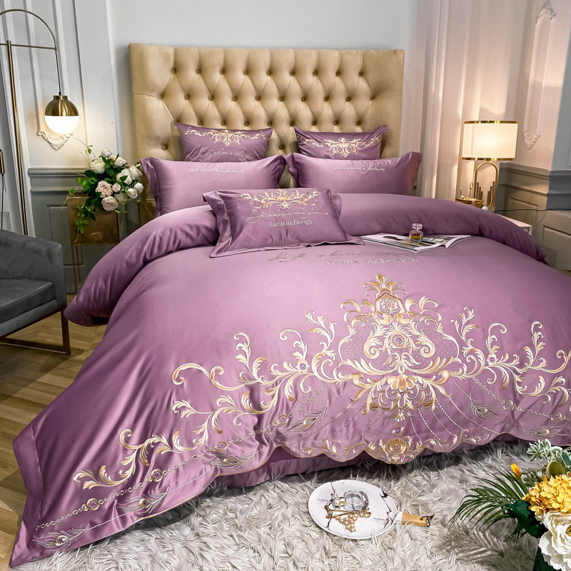 High-end light and luxurious cotton four pieces style 100 whole cotton embroidered silk quilt cover sheet European-style bed with supplies 1 8 bed hat