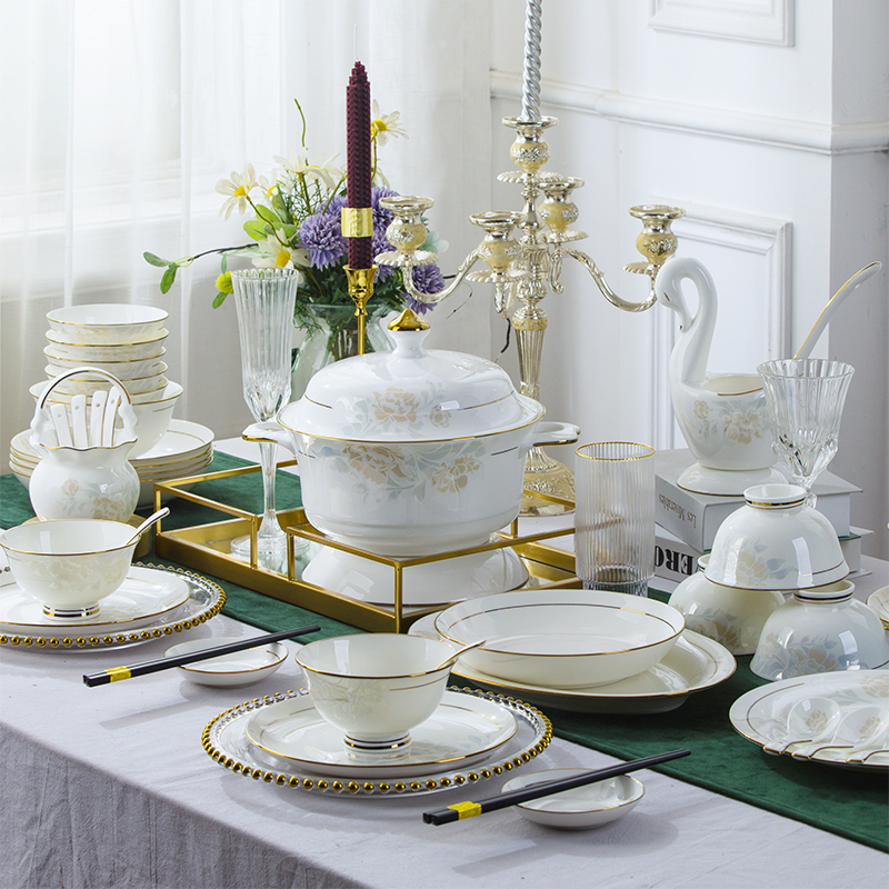 Bowl Dish Suit Home Nordic Bone Porcelain Tableware Jingdezhen Light Lavish Ceramic Phnom Penh Bowls Tray Chopsticks Combined 60 Pieces Bowl