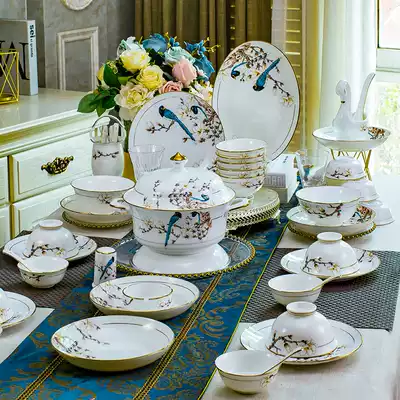 Jingdezhen bone china tableware, dishes, bowls, plates, spoons, household 60-piece porcelain bowls, tableware sets, hand-painted gold bowls
