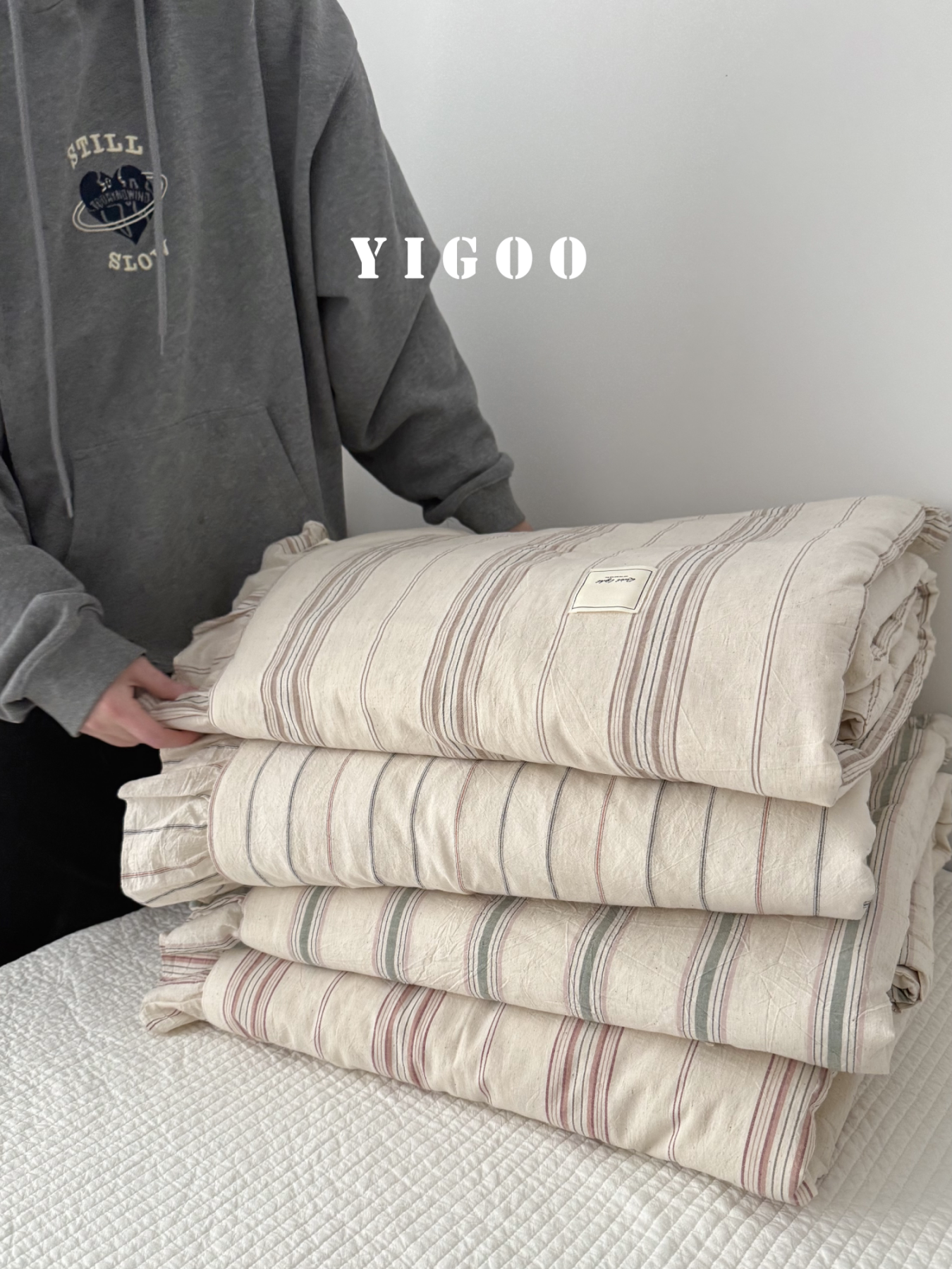 Простое летнее одеяло из хлопка и льна с оборками и винтажными полосками, тонкое цельное одеяло для кондиционера, дышащее, можно стирать в машине