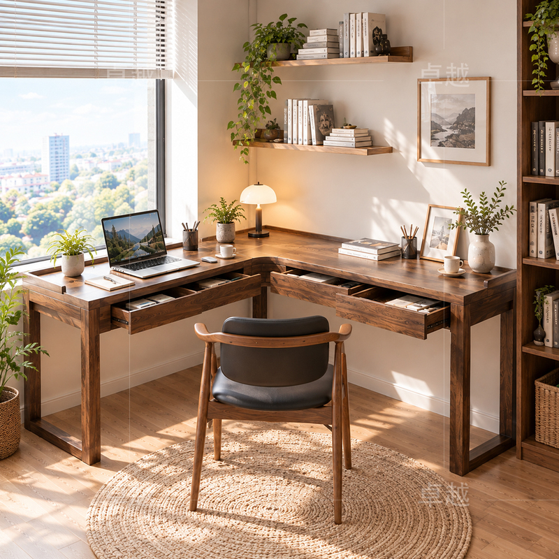 Nordic Mid-Century Style Walnut Solid Wood Corner Desk with Large Capacity Drawers L-Shaped Corner Study and Office Desk Nordic Mid-Century Style Walnut Solid Wood Corner Desk with Large Capacity Drawers L-Shaped Corner Study and Office Desk