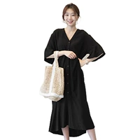 Màu đỏ của phụ nữ mùa hè phiên bản Hàn Quốc V-cổ retro chic lỏng Một từ gió lạnh lá sen bạn gái kiểu Pháp mặc váy thủy triều - A-Line Váy đầm xòe tay dài