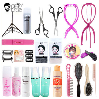 cos wig set, hair net, teeth scissors, flat cut care liquid, hair wax, steel comb stand, straight clip, protective net, shampoo