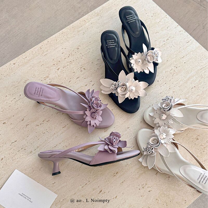 5.5cm Sheepskin Fairy-Style Fashionable Open-Toe Floral Mid-Heel Fashion Slippers with Rose Design Versatile Sandals with Thin Heels