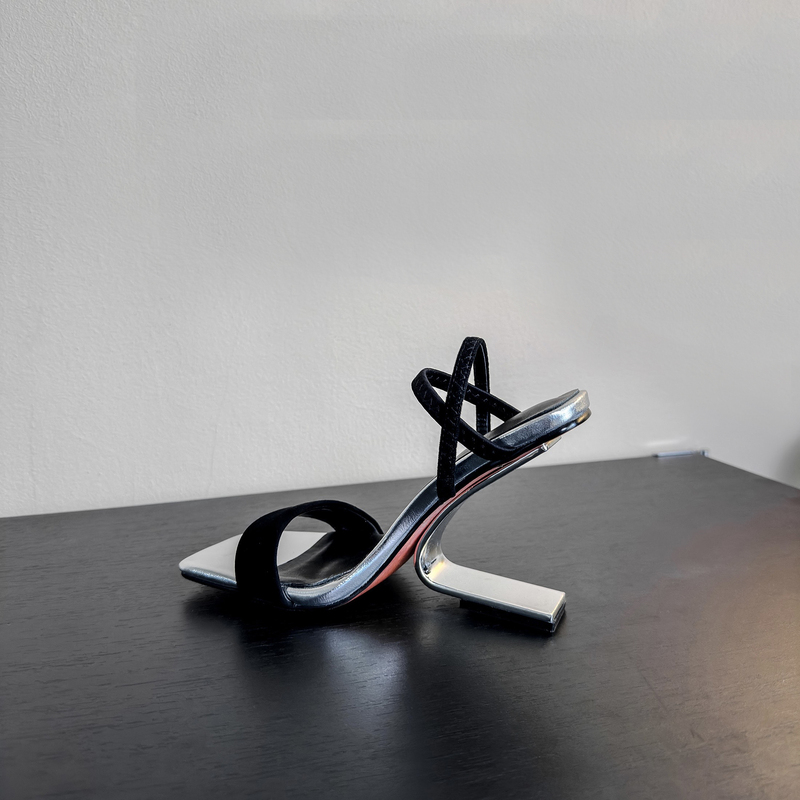 Miss Sen Genuine Leather 2026 New Model Silver Irregular Heel Ultra-High Heel Women's Sandals European and American Metal Heel Fashion Women's Shoes