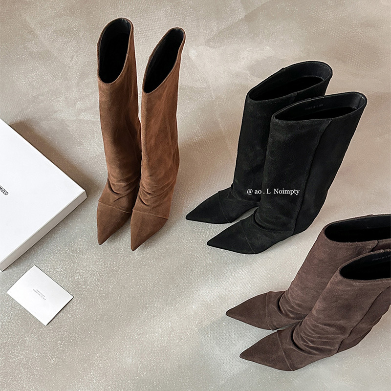 8cm Cowhide Pointed Toe Retro Style Long Boots for Women with Hidden Height Increase, Over-The-Knee Bootcut Boots, Fashionable and Simple Fashion Boots