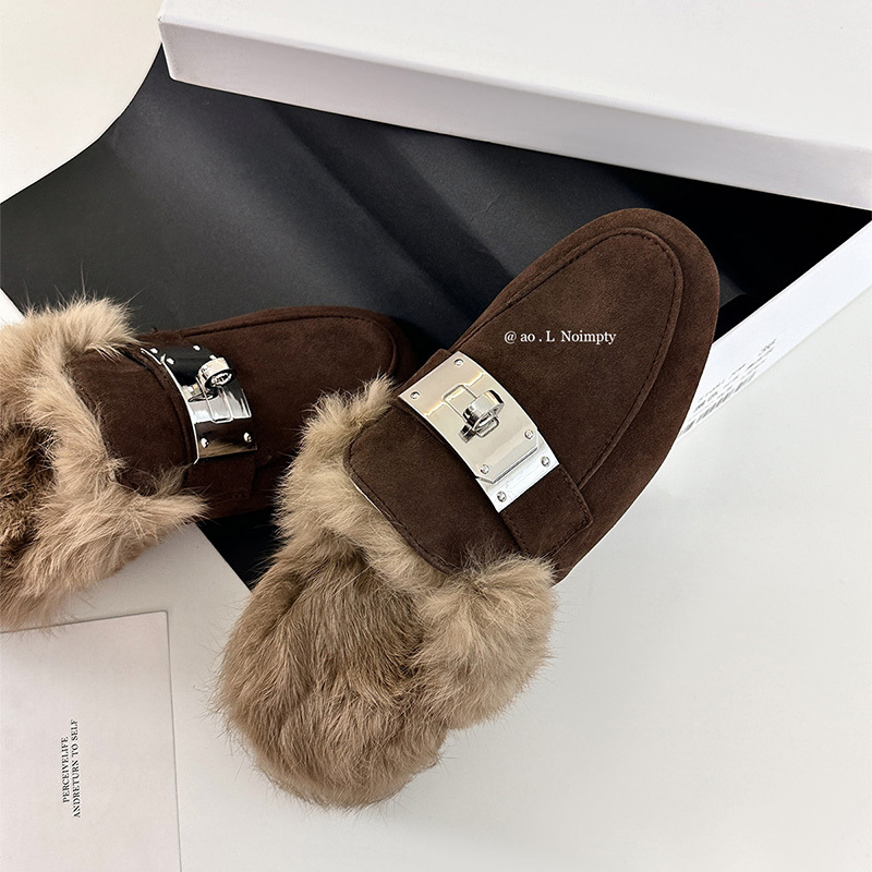 3.5cm Cowhide Inner Height-Increasing Genuine Leather and Fur Closed-Toe Mules with Metal Kelly Buckle, Furry Shoes for Women, Slip-On Outdoor Slippers 3.5cm Cowhide Inner Height-Increasing Genuine Leather and Fur Closed-Toe Mules with Metal Kelly Buckle, Furry Shoes for Women, Slip-On Outdoor Slippers
