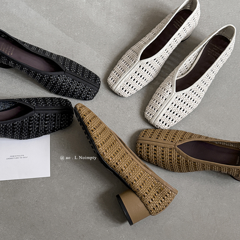 4cm Sheepskin New Style Woven Genuine Leather Hollow Square Toe Shallow Single Shoes for Women, Mid-Heel, Retro, Breathable, Fashionable and Versatile