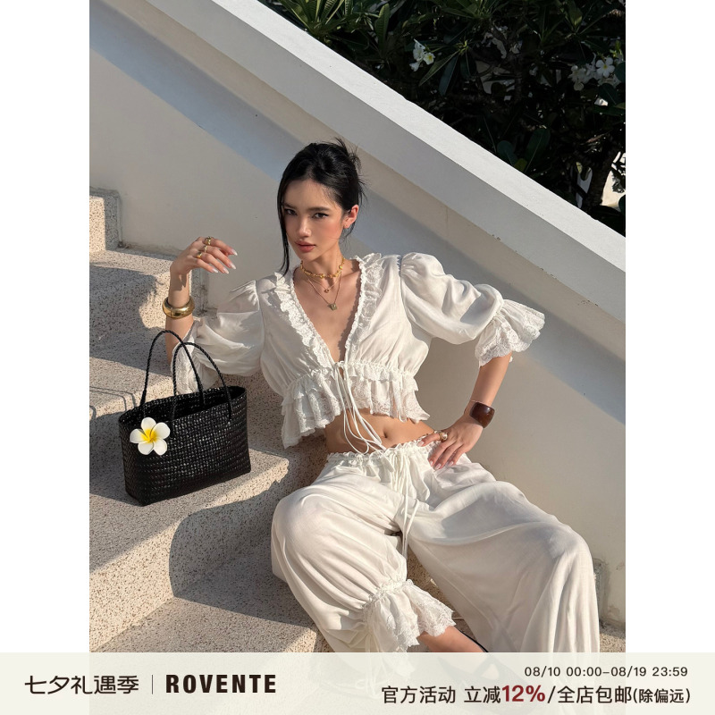 Rovente Southern French White Gardenia White Lyocell Loose Lace Trim Shirt Women's Summer Cardigan Short Top