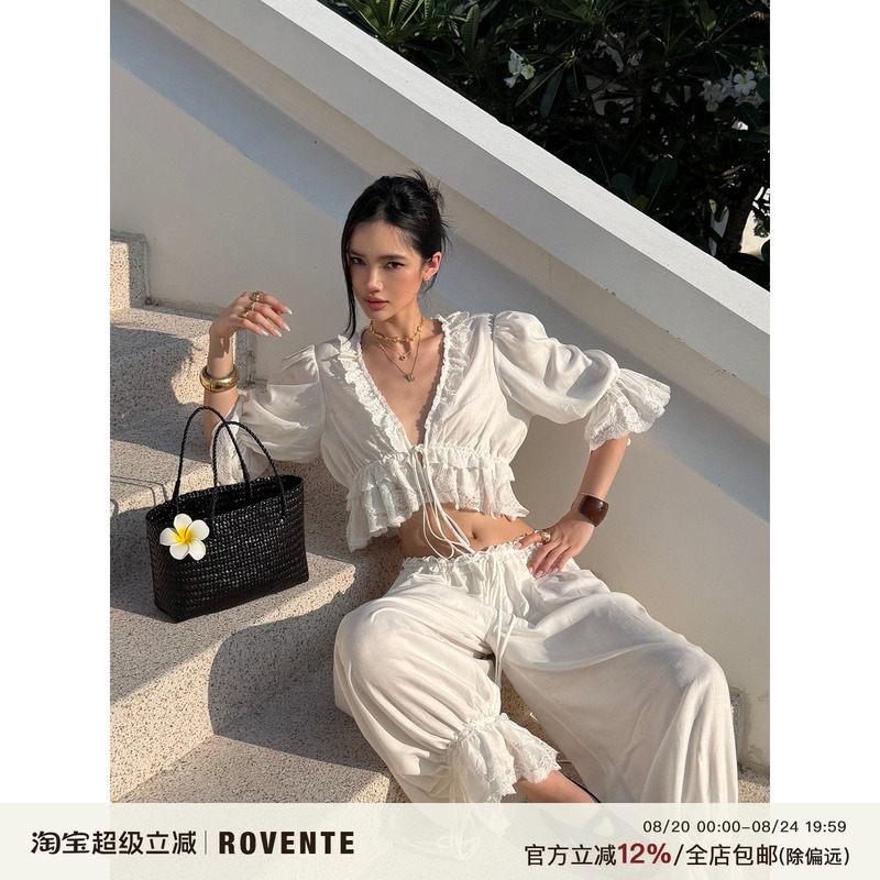 Rovente Southern French White Gardenia White Lyocell Loose Lace Trim Shirt Women's Summer Cardigan Short Top Rovente Southern French White Gardenia White Lyocell Loose Lace Trim Shirt Women's Summer Cardigan Short Top