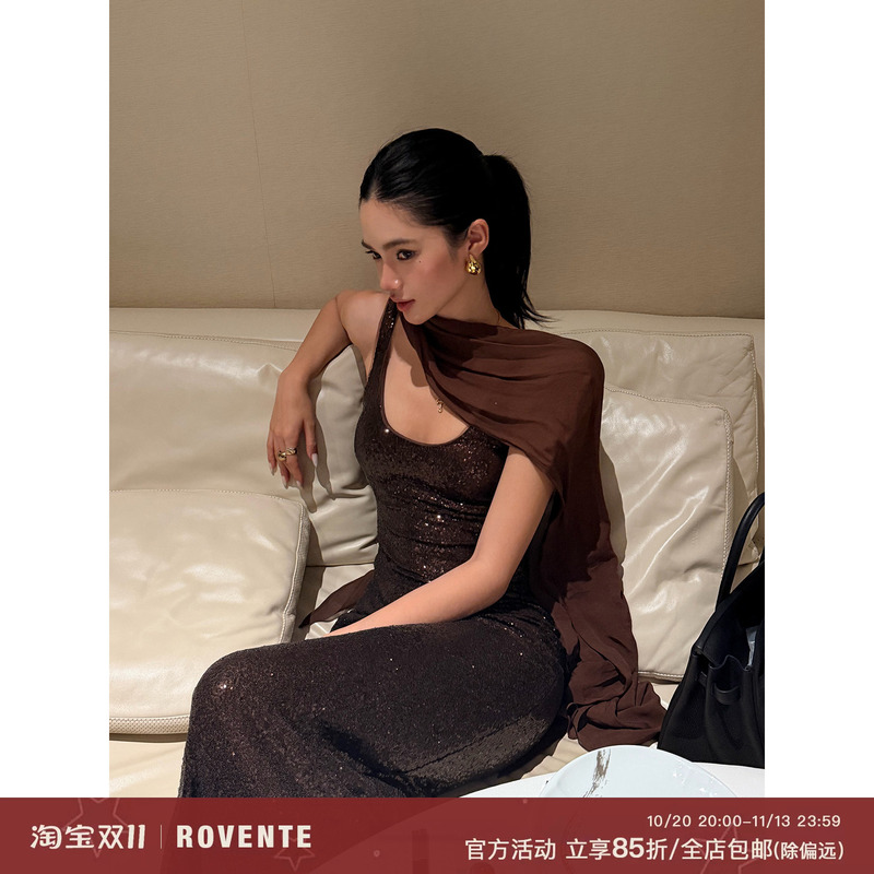 Rovente Galaxy Glitter Coffee Color U-Neck Sequin Slim Fit Bodycon Dress Women's Birthday Party Gown Long Dress Rovente Galaxy Glitter Coffee Color U-Neck Sequin Slim Fit Bodycon Dress Women's Birthday Party Gown Long Dress