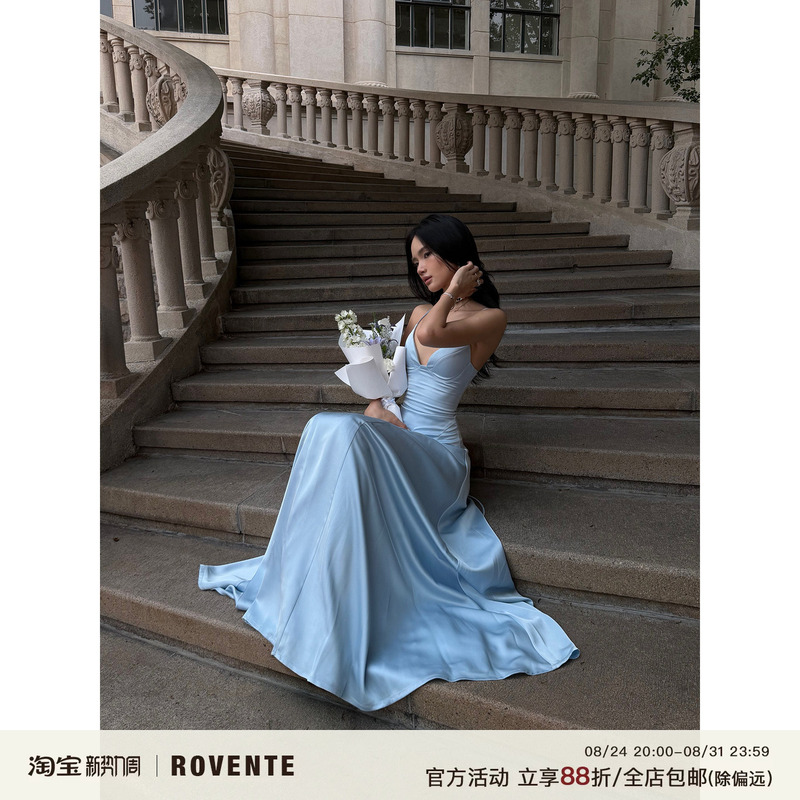 Rovente Filoli Manor Blue French-Style Spaghetti Strap Dress for Women, Summer Slim-Fit Waist-Cinching Birthday Dress, Long Dress Rovente Filoli Manor Blue French-Style Spaghetti Strap Dress for Women, Summer Slim-Fit Waist-Cinching Birthday Dress, Long Dress
