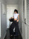 Rovente American Style Black Long Casual Pants for Women, Loose-Fitting Floor-Length Straight-Leg Low-Waist Cargo Pants