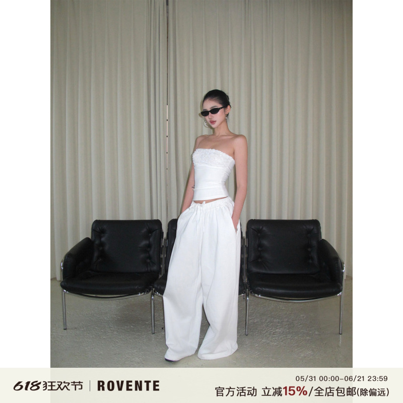 Rovente Casual White Wide-Leg Sweatpants Simple Floor-Length Straight Pants High-End Loose Drape Casual Pants