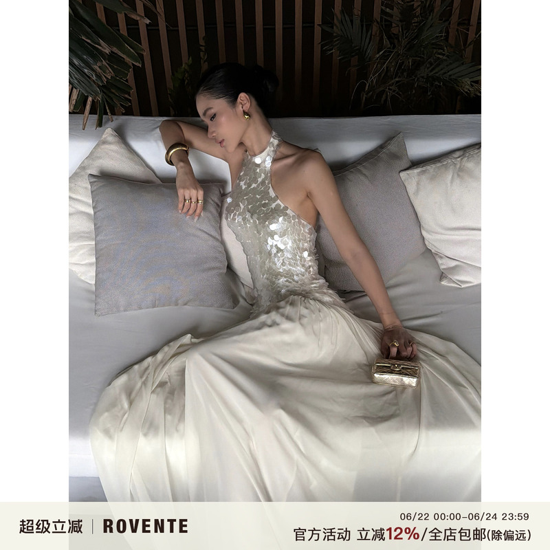 Rovente Dazzling White Sequin Halter Neck Sleeveless Dress for Women, Waist-Cinching Slimming Mesh Gown Long Dress