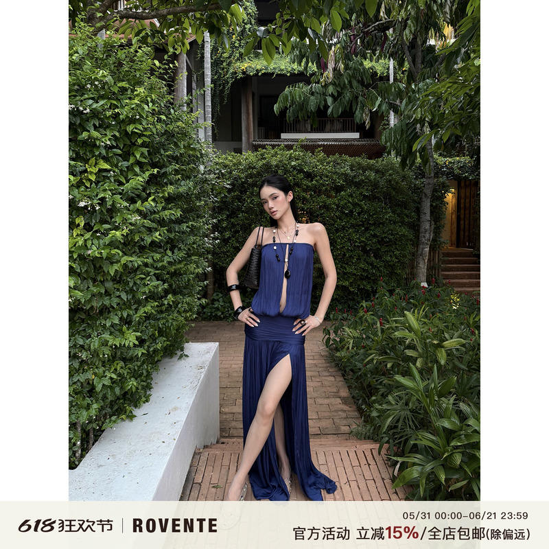 Rovente Seaside Spicy Street Navy Blue Strapless Dress Summer Ribbon Slit Vacation Patchwork Floor-Length Dress