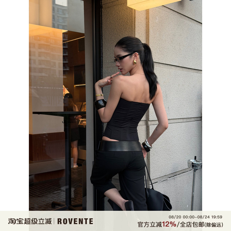 Rovente Straight-Leg Black Casual Straight-Leg Suit Pants for Women, Summer Low-Waist Slim-Fit Slimming Hot Girl Cropped Pants
