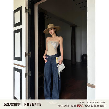 Rovente Raw Image Leg-Enhancing Blue Retro Wide-Leg Pants for Women, Straight-Leg Floor-Length Pants, Low-Waist Long Scimitar Jeans