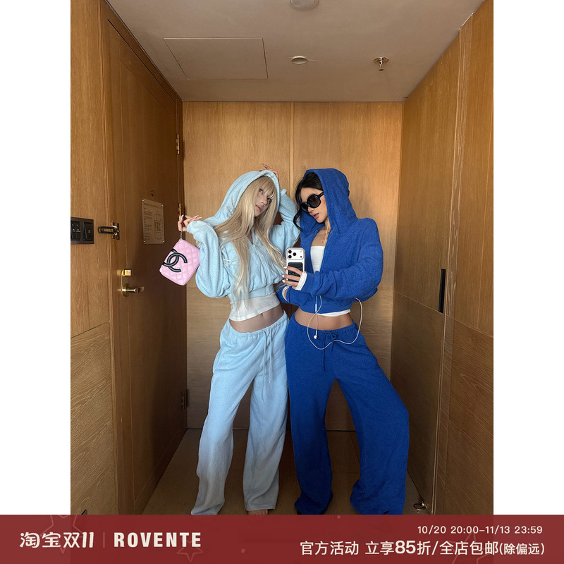 Rovente Relaxed Blue Two-Tone Hooded Short Sweatshirt Jacket and Pants Set Hot Girl Casual Two-Piece Set