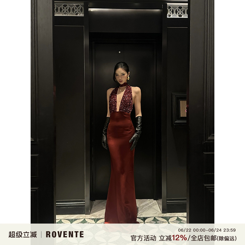 Rovente Burgundy Evening Red Halter Sequin Dress Deep V Sexy Backless Gown Bodycon Long Dress Rovente Burgundy Evening Red Halter Sequin Dress Deep V Sexy Backless Gown Bodycon Long Dress
