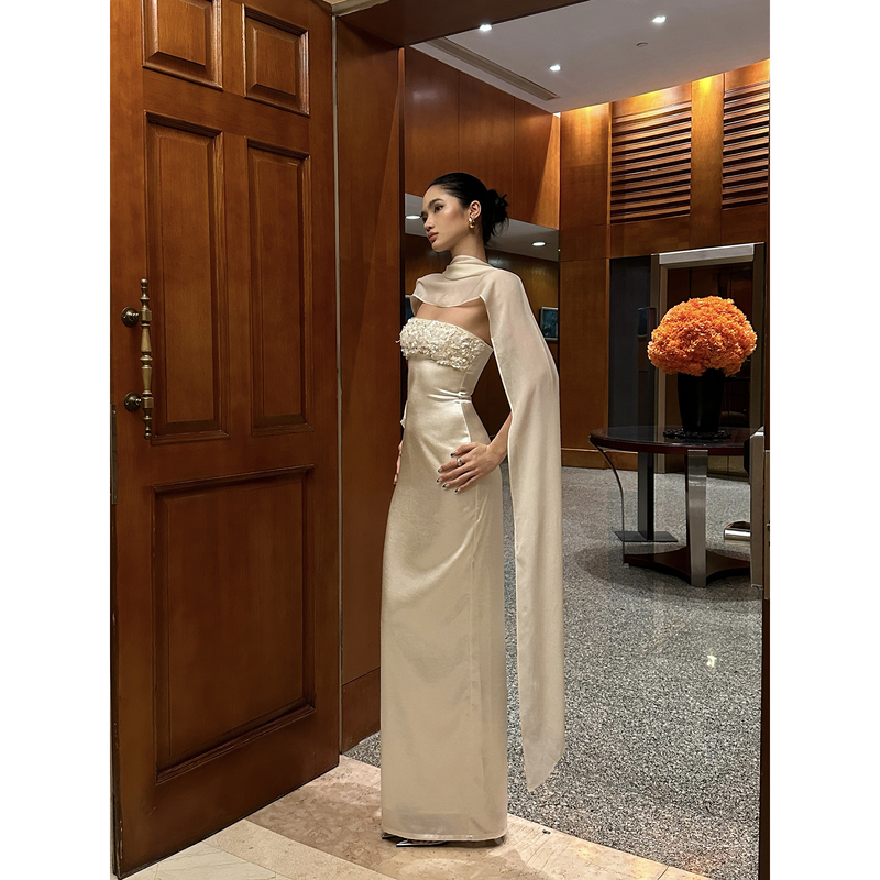 Rovente Flowing Feast White Strapless Dress Women's Slim Fit Shawl Sequin Celebrity Gown Long Dress