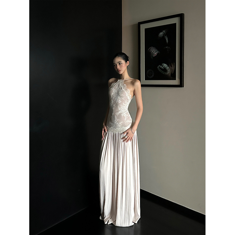 Rovente Lace Patchwork Spaghetti Strap Dress, Elegant Socialite Holiday Birthday Dress, Waist-Cinching Backless Long Dress
