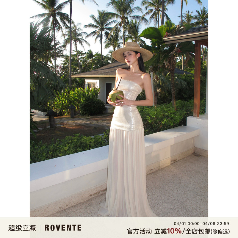 Rovente Seaside Vacation Long Dress, High-End Socialite Gown, Floor-Length Mesh Dress, Strapless Sequin Dress for Women