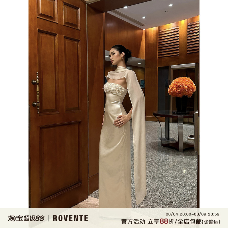 Rovente Flowing Feast White Strapless Dress Women's Slim Fit Shawl Sequin Celebrity Gown Long Dress Rovente Flowing Feast White Strapless Dress Women's Slim Fit Shawl Sequin Celebrity Gown Long Dress