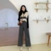 Mùa thu và mùa đông lưới đỏ V-cổ vest đan vest cổ cao sanding đáy quần hoang dã chân rộng quần phù hợp với thời trang nữ shop thời trang nữ Bộ đồ