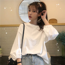 White T-shirt women 2021 new spring dress Korean version of lantern sleeves base shirt loose wear long sleeve top ins tide