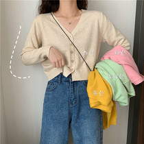 V-neck knitted cardigan womens 2021 New early autumn thin long sleeve sweater coat small man with short top