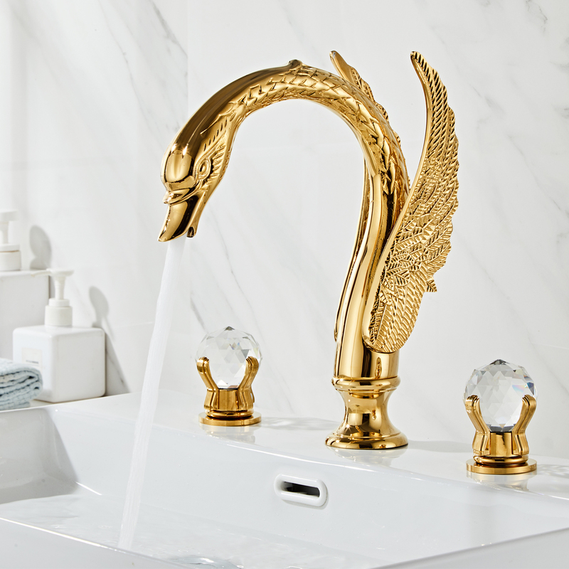 Copper Chrome-Plated Antique Brushed Rose Gold Large Swan Head Hot and Cold Crystal Double-Handle Bathroom Basin Faucet Three-Piece Set