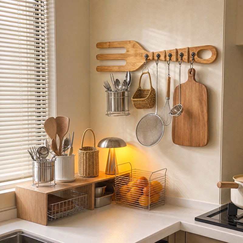 Retro Bamboo Fork-Shaped Multifunctional Hook for Home Kitchen Wall Decoration, Wall-Mounted Utensil Spoon Storage Hanging Rod Retro Bamboo Fork-Shaped Multifunctional Hook for Home Kitchen Wall Decoration, Wall-Mounted Utensil Spoon Storage Hanging Rod