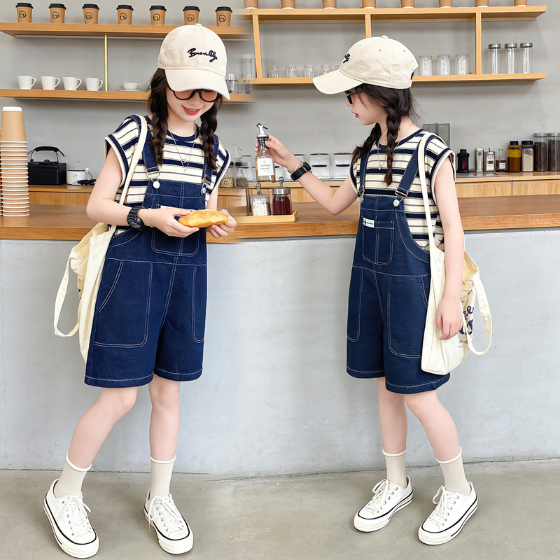 Girls' Denim Overalls Set Summer Children's Striped Tank Top T-Shirt Two-Piece Set Girls' Suspender Shorts Thin 9