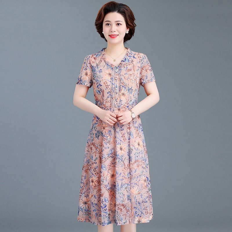 Middle-Aged Mother's Dress, Plus Size Women's Summer Dress, Loose Slimming Look Elegant, Short-Sleeved Floral Mesh Skirt