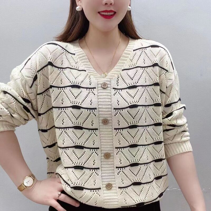 New Stylish and Simple Striped V-Neck Single-Breasted Knit Sweater with Hollow Design, Slimming, Versatile, Loose and Age-Reducing