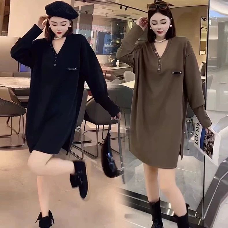 Plus-Size Women's Stylish Loose Casual V-Neck Mid-Length Design with Slit Long-Sleeve Top for Women Trendy