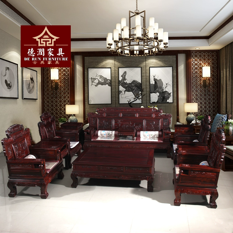 Indonesia sofa gỗ gụ đồ nội thất bằng gỗ cổ điển Trung Quốc khắc gỗ hồng đen gụ phòng khách hiện đại kết hợp sẵn sàng - Ghế sô pha