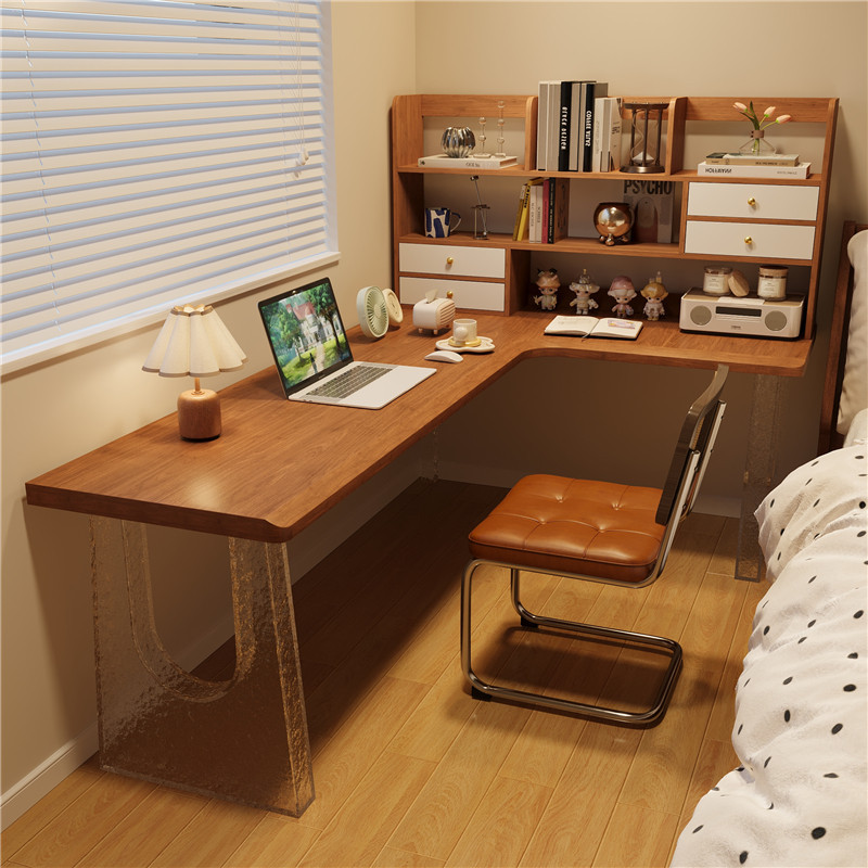 Medieval-Style Pure Solid Wood Desk for Bedroom, Double Study Desk, Corner Computer Desk, Large Wooden Long Table
