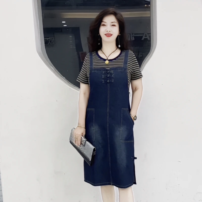 Fake Two-Piece Denim Dress for Women, Summer European Style, Thin and Stylish A-Line Skirt, 2026 New Model, New Chinese Style Dress