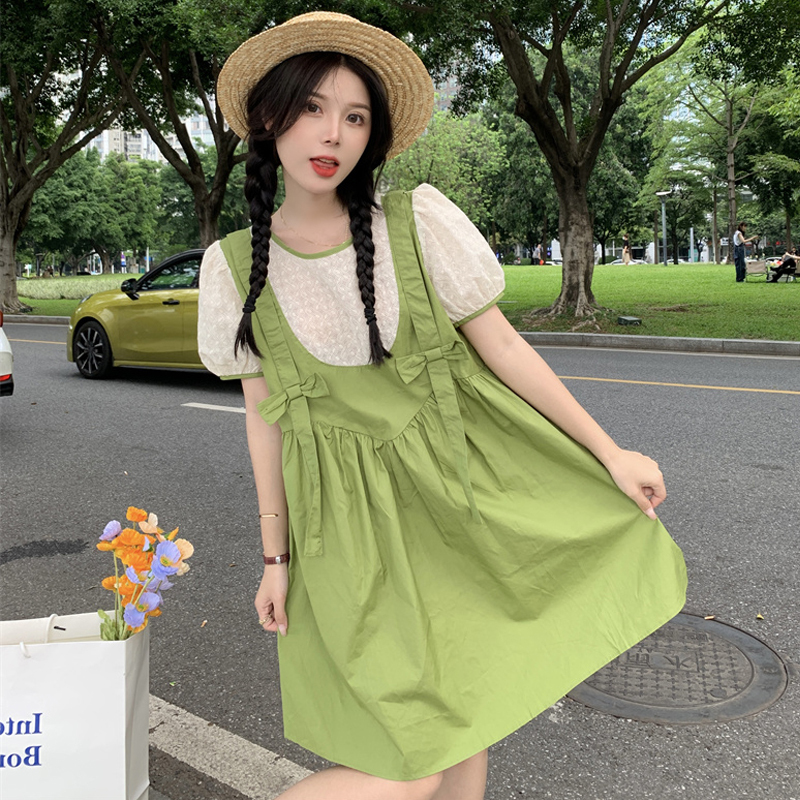 Plus Size Women's Clothing, Slimming Dress, French Niche Design, Bow Tie, Light Green Faux Two-Piece Suspender Dress
