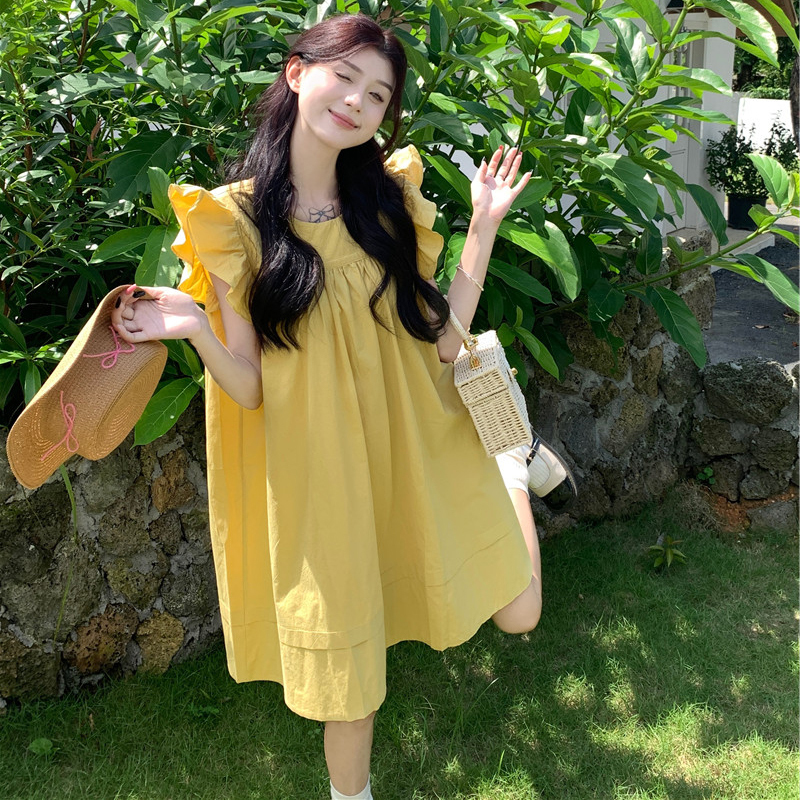 Plus Size Women's Clothing 2025 Summer New Style Fat mm (Short for Plus Size) Korean Version Loose Slimming Sweet Age-Reducing Unique Flutter Sleeve Dress