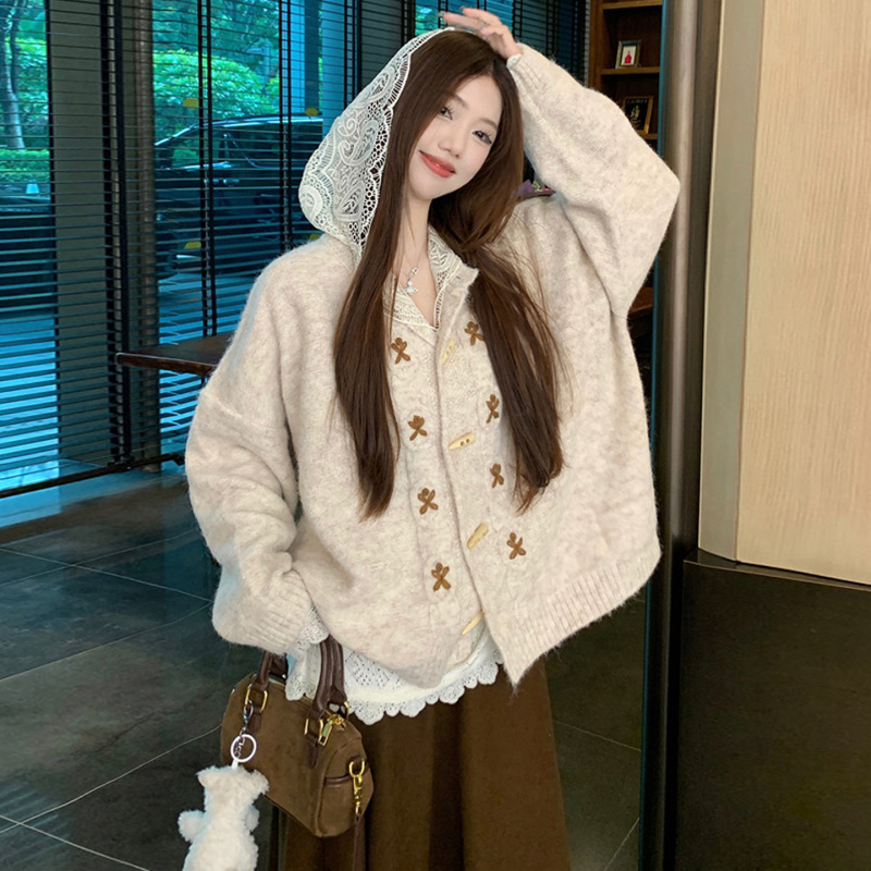Plus Size Women's Clothing 2026 Fat mm Retro Toggle Button Lazy Style Loose Knit Jacket + Lace Hooded Knit Sweater Plus Size Women's Clothing 2026 Fat mm Retro Toggle Button Lazy Style Loose Knit Jacket + Lace Hooded Knit Sweater