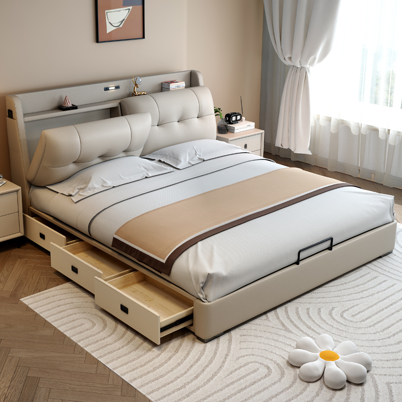 Genuine Leather Bed, Modern and Simple Master Bedroom, 1.8m Double Beds with High Box Storage, Leather Bed, Master Bedroom Large Bed, Upholstered Wedding Bed Genuine Leather Bed, Modern and Simple Master Bedroom, 1.8m Double Beds with High Box Storage, Leather Bed, Master Bedroom Large Bed, Upholstered Wedding Bed