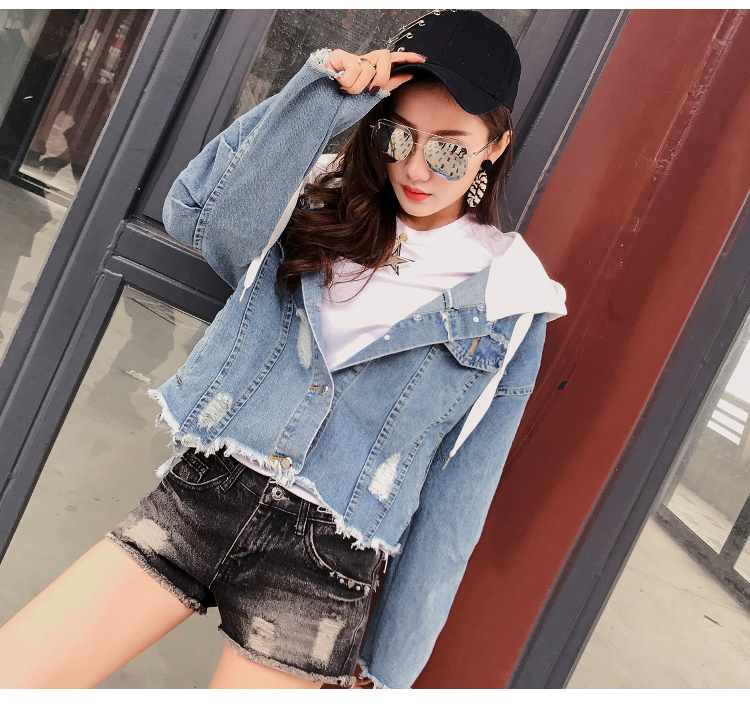 VK旗艦店 韓系時尚假連帽牛仔破洞寬松顯瘦長袖外套