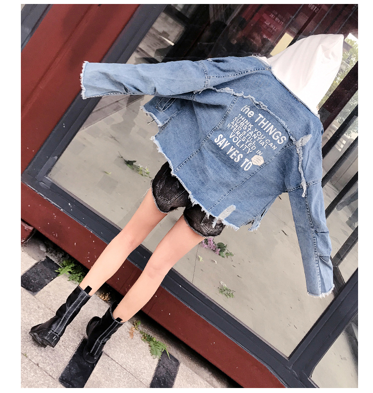 VK旗艦店 韓系時尚假連帽牛仔破洞寬松顯瘦長袖外套